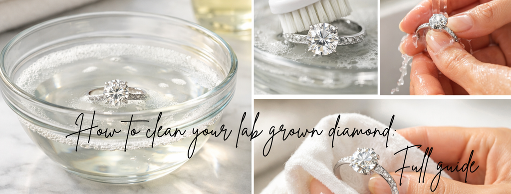 **Alt text:** A simple, clean infographic titled “How to Clean Your Lab-Grown Diamond,” outlining easy steps for safe and effective care.