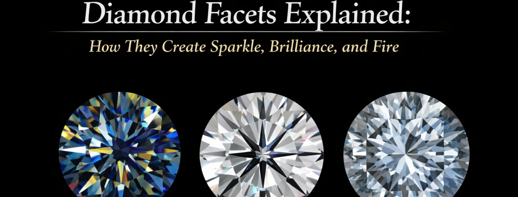 An educational infographic titled “Diamond Facets Explained,” illustrating how facet placement creates sparkle, brilliance, and fire.
