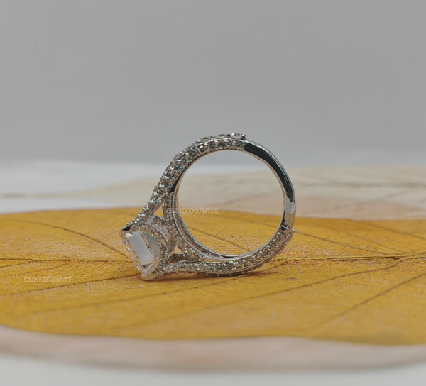 Emerald Cut Diamond Halo Split Shank Engagement Ring