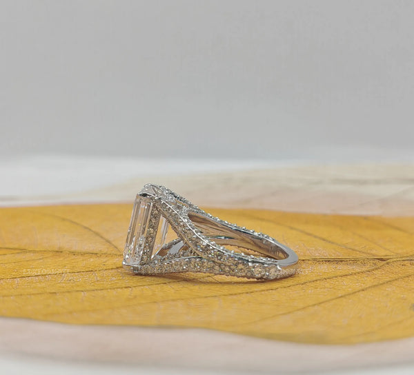 Emerald Cut Diamond Halo Split Shank Engagement Ring