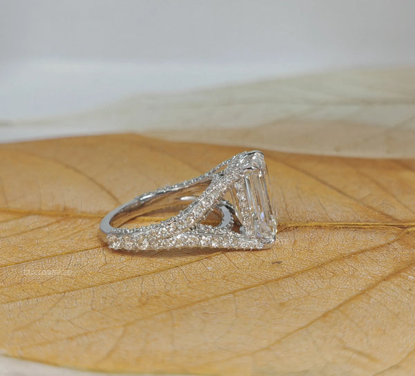 Emerald Cut Diamond Halo Split Shank Engagement Ring