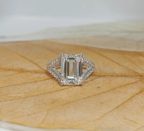 Emerald Cut Diamond Halo Split Shank Engagement Ring