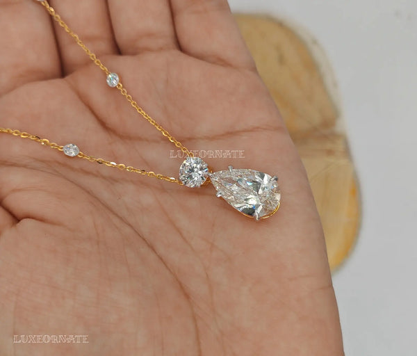 Elegant Round & Pear Diamond Drop Pendant Necklace