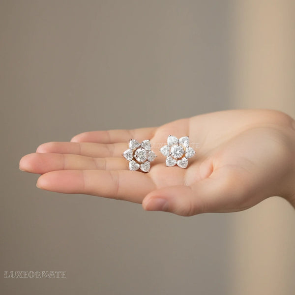 Elegant flower shaped lab diamond earrings in yellow gold