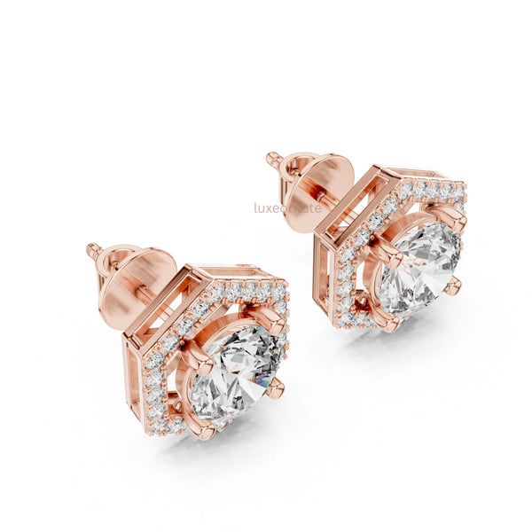 Hexagon shape round diamond halo stud earrings in rose gold for womens