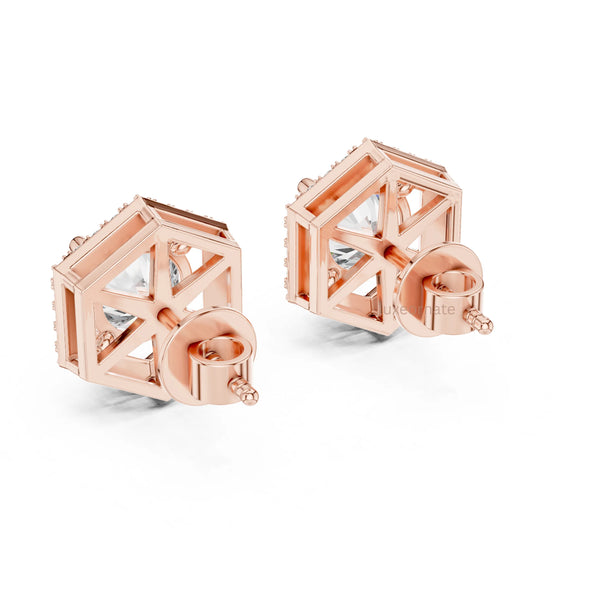 Hexagon shape round diamond halo stud earrings in rose gold for womens