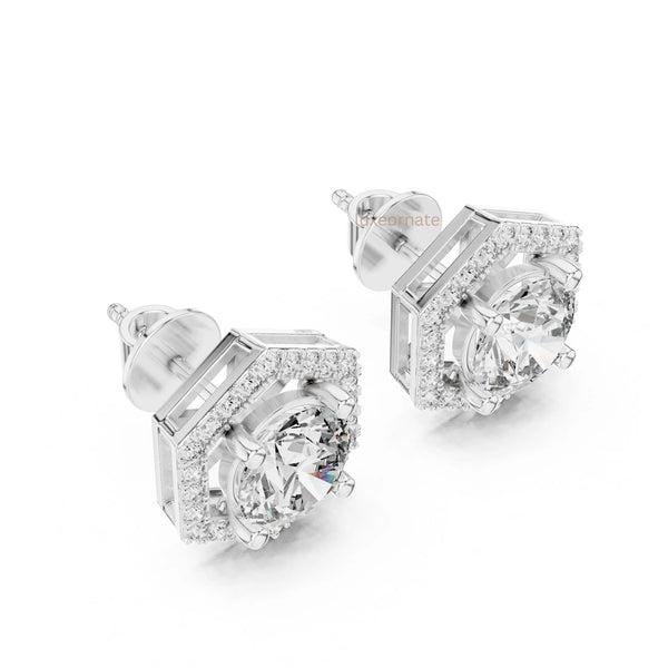 Hexagon shape round diamond halo stud earrings in white gold for womens