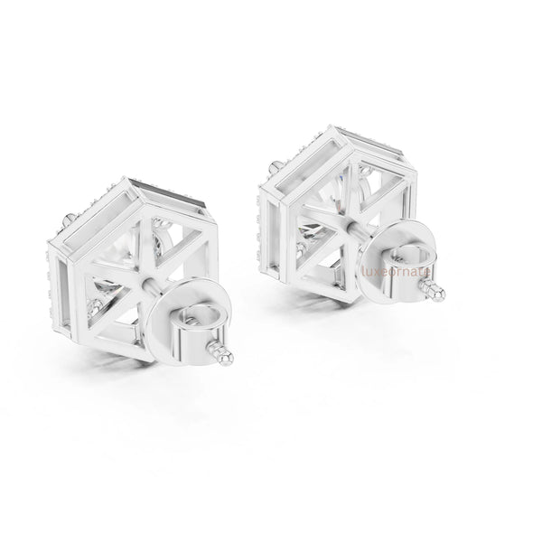 Hexagon shape round diamond halo stud earrings in white gold for womens
