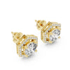 Hexagon shape round diamond halo stud earrings in yellow gold for womens