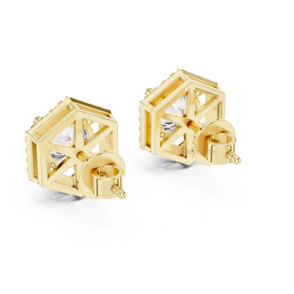 Hexagon shape round diamond halo stud earrings in yellow gold for womens