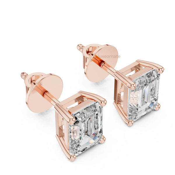 Luxury emerald cut diamond earring with modern gold prong setting, Daily wear earrings
