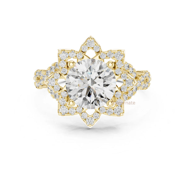 Round diamond engagement ring with floral halo design