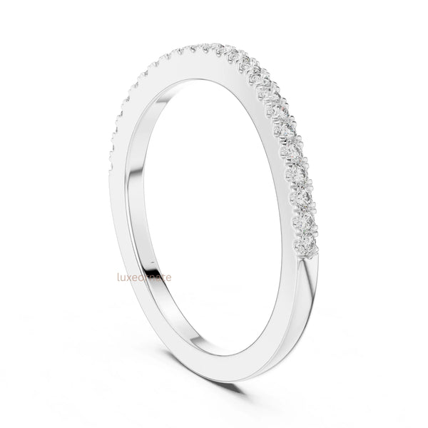 Minimal diamond wedding band ring in white gold designed for stacking and timeless elegance