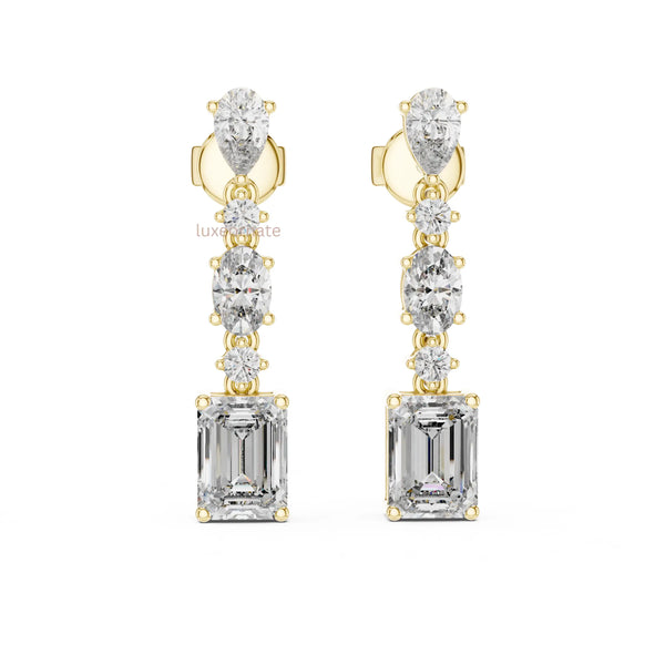 Multi cut High end diamond drop earrings with emerald cut centerpiece
