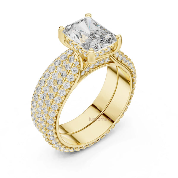 Double row pave diamond ring with round brilliant center stone and square prong setting