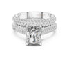Square prong radiant diamond ring featuring two rows of pave diamonds