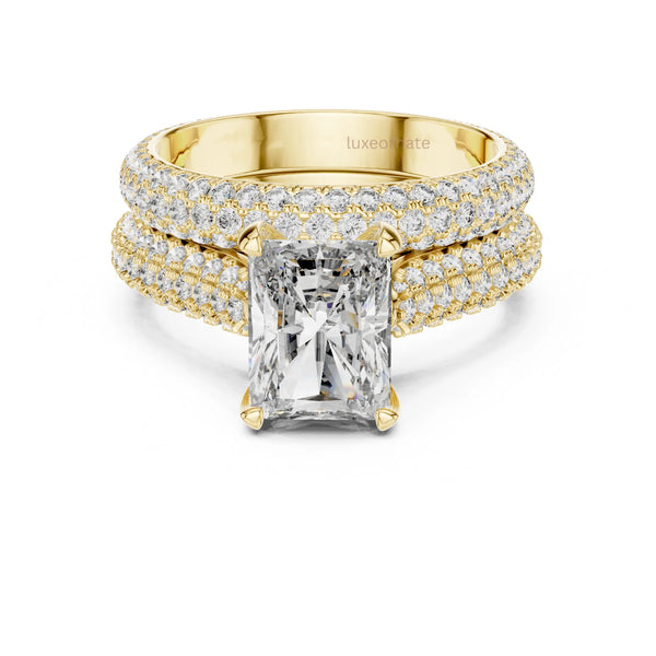 Round cut diamond square prong double row pavé ring in gold luxury bridal jewelry