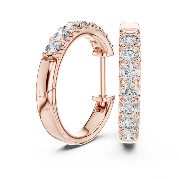 Anniversary gift round diamond huggie hoop earrings in rose gold