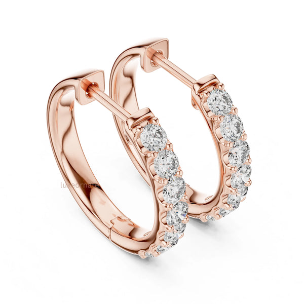 Brilliant round cut diamond hoop earrings with secure huggie closure