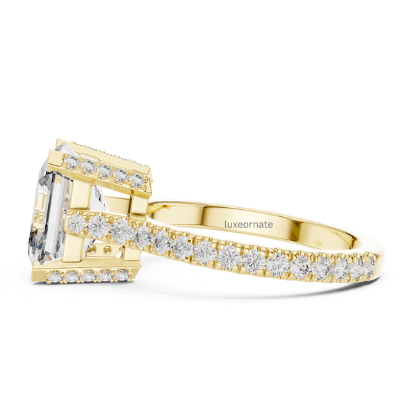 Side profile yellow gold emerald cut engagement ring with hidden halo and pavé diamond gallery, rectangular lab grown diamond, luxury bridal jewelry.