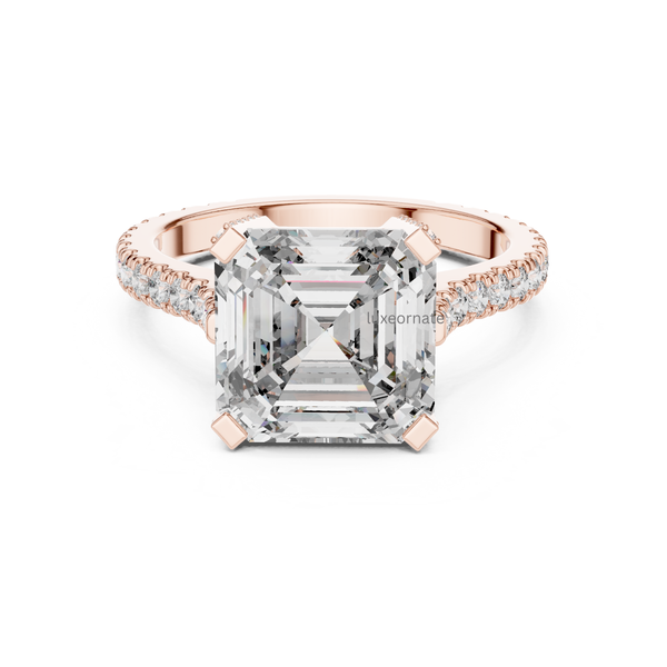 Rose gold emerald cut solitaire diamond ring with pavé band, rectangular lab grown diamond engagement ring, romantic bridal jewelry.