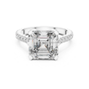 White gold emerald cut lab grown diamond engagement ring with pavé set band, rectangular step cut solitaire, elegant bridal jewelry, luxury ring.