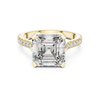 Yellow gold emerald cut solitaire engagement ring with pavé diamond band, rectangular step cut lab grown diamond, modern bridal ring, luxury fine jewelry.
