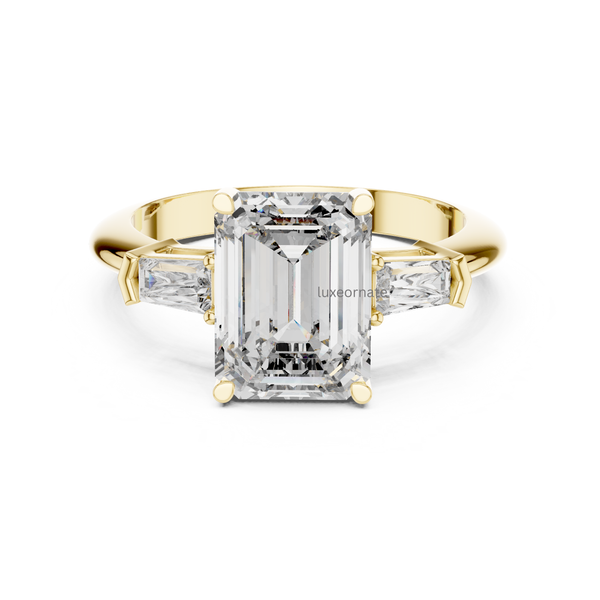 Yellow gold emerald cut three stone diamond ring with trapezoid side stones, lab grown diamond engagement ring, classic bridal jewelry.