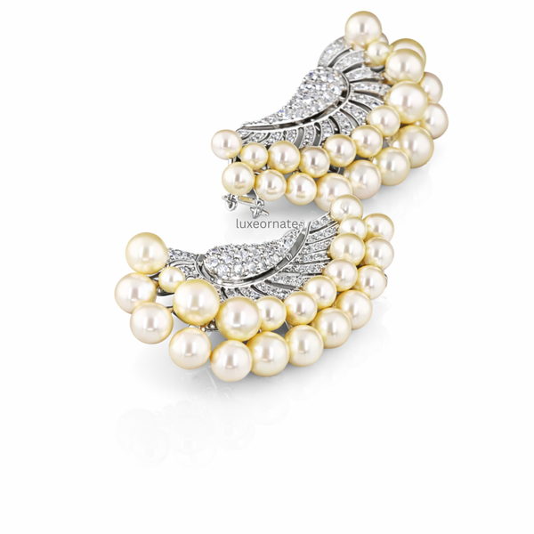 Luxury golden pearl ear cuff earrings with diamond detailing, modern bridal statement jewelry