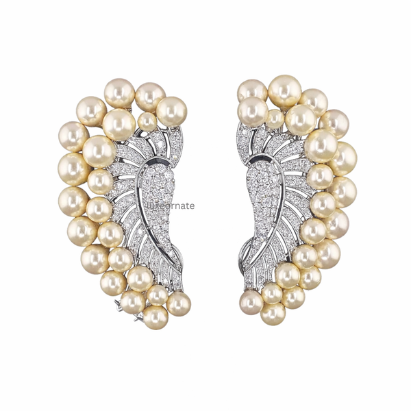 Golden pearl and diamond ear cuff earrings pair, pavΓ© diamond designer statement earrings