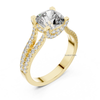 Angled view yellow gold cushion cut diamond ring with hidden halo and split pavé band.
