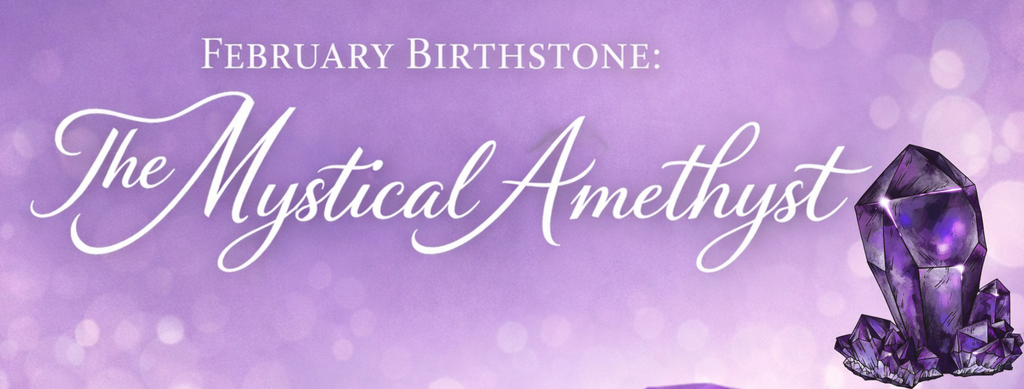 An elegant infographic titled “February Birthstone: The Mystical Amethyst,” showcasing the purple gemstone with brief notes on its meaning, symbolism, and beauty.