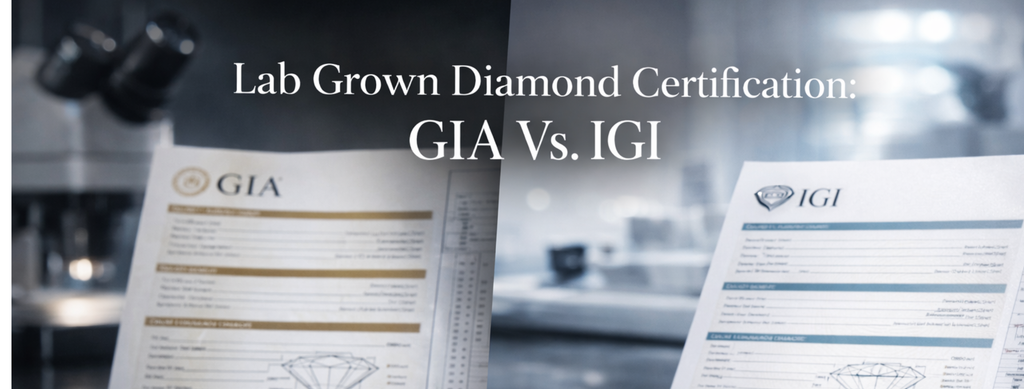 Comparison of GIA vs IGI lab-grown diamond certification showing differences in grading, cost, recognition, and resale value for authentic diamond purchases