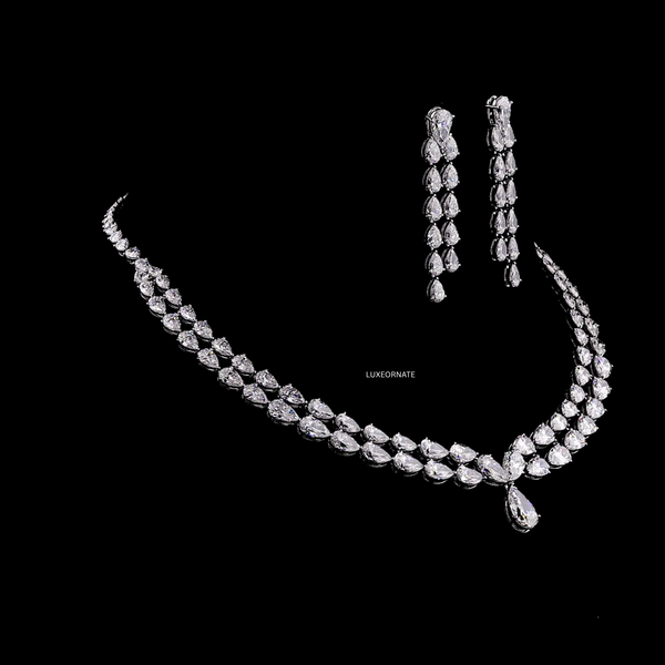 Premium pear cut diamond necklace set with cascading drop earrings luxury bridal jewelry