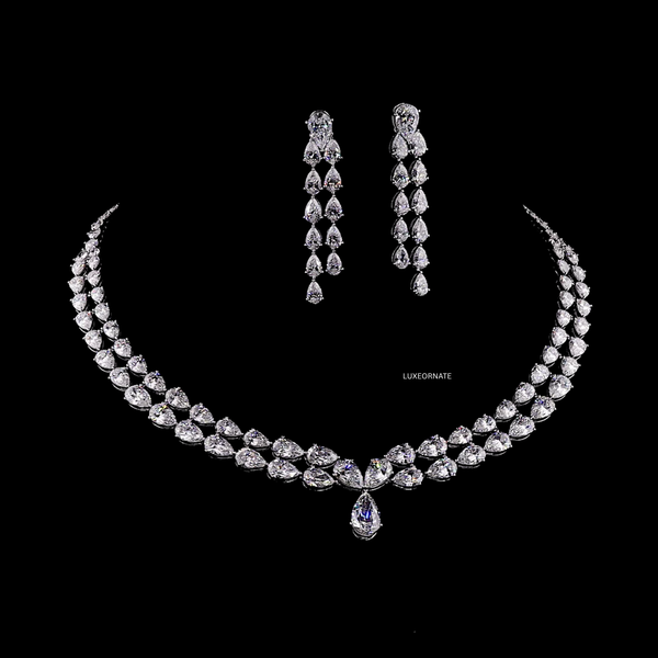 High end teardrop diamond necklace set sophisticated bridal jewelry