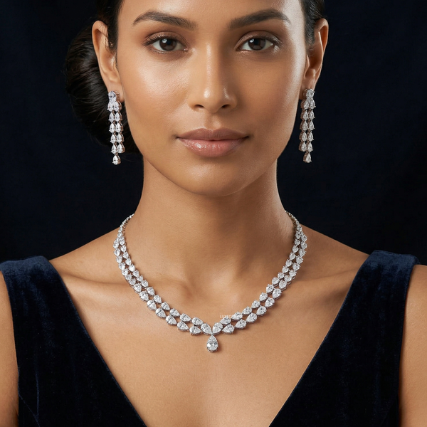 Luxury pear shape diamond necklace set with matching drop earrings bridal jewelry