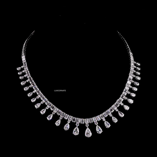 Luxury emerald cut diamond necklace with pear drop statement bridal jewelry