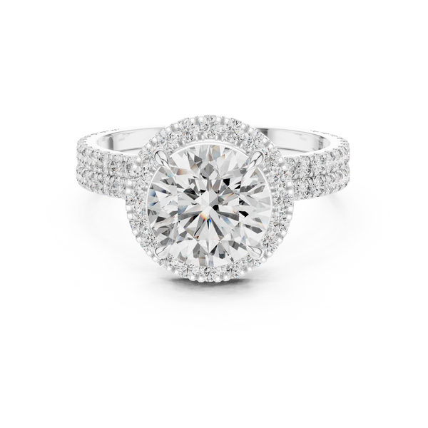 White gold halo diamond engagement ring featuring round brilliant center stone and pavé band, side angle view