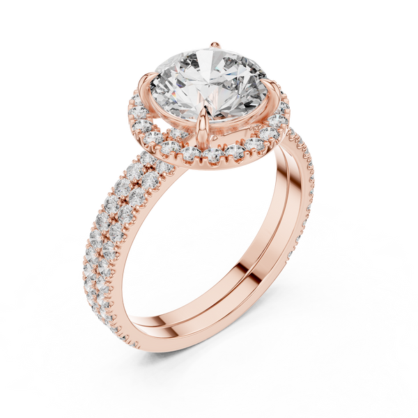 Rose gold round diamond halo ring with pavé shank, elevated setting close-up view