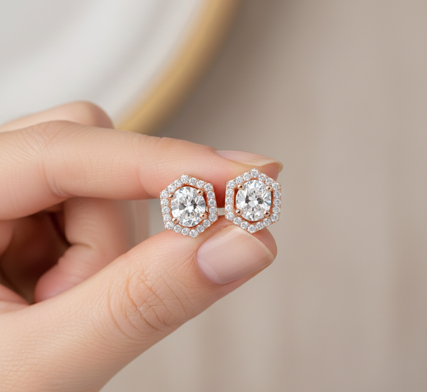 Hexagon shape round diamond halo stud earrings in rose gold for womens