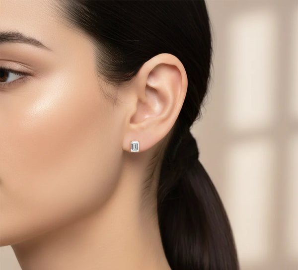 Luxury emerald cut diamond earring with modern gold prong setting, Daily wear earrings