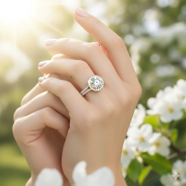 Luxury halo diamond ring with pave band bridal jewelry wedding ring