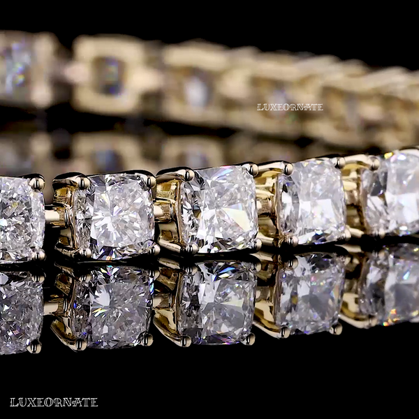 Yellow gold tennis bracelet with Cushion cut diamonds by Luxeornate