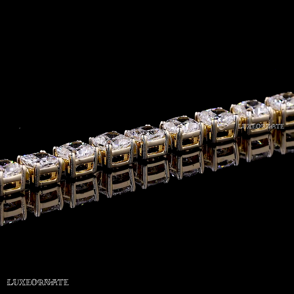 Yellow gold tennis bracelet with Cushion cut diamonds by Luxeornate