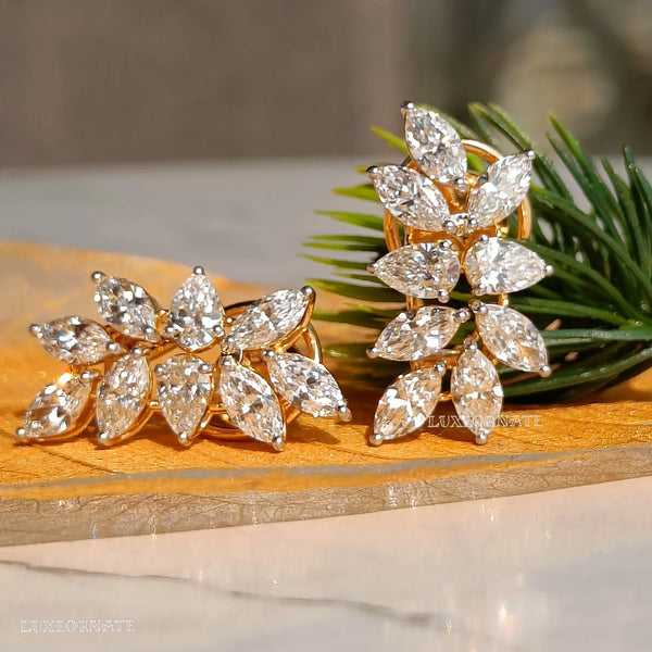 Floral diamond cluster stud earrings in yellow gold bridal jewelry for women