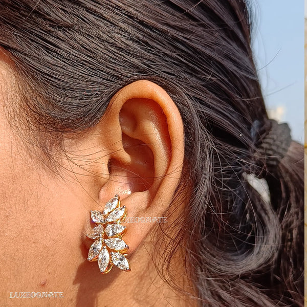 Floral diamond cluster stud earrings in yellow gold bridal jewelry for women