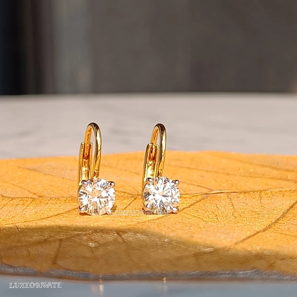 Diamond lever back solitaire drop dangle earrings in yellow gold with round cut diamonds earrings