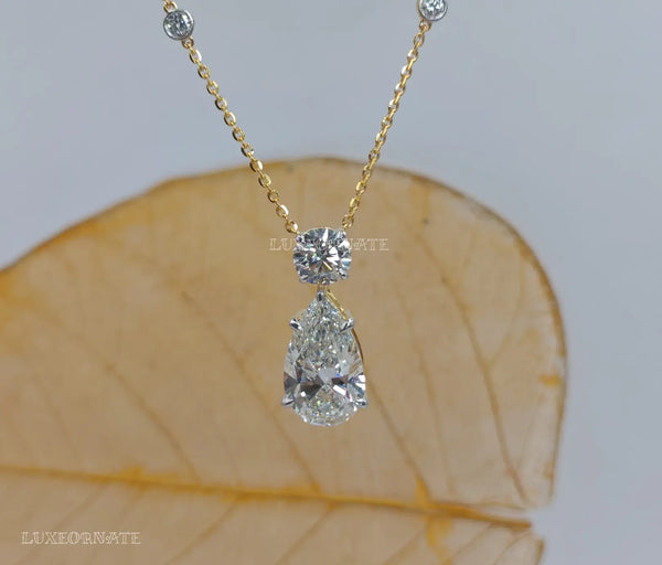 Elegant Round & Pear Diamond Drop Pendant Necklace