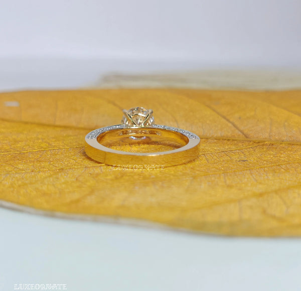 Round brilliant solitaire diamond ring with pave split shank