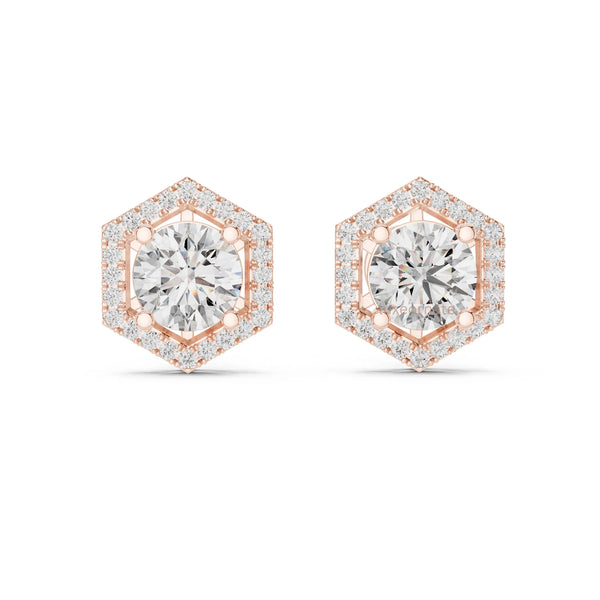 Hexagon shape round diamond halo stud earrings in rose gold for womens